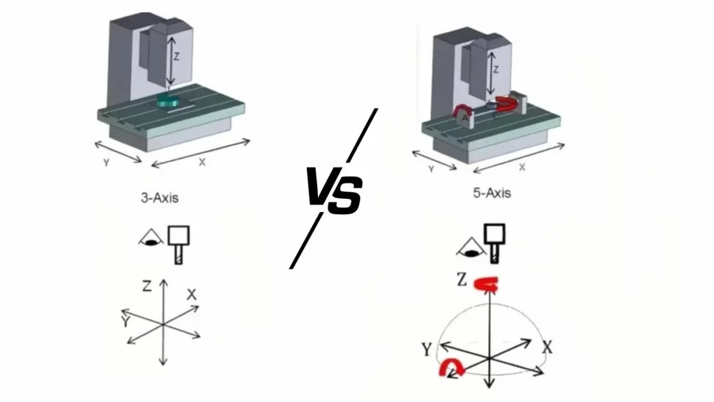 An image comparing the 3-axis and 5-axis milling machines, with the axes' movement diagrams below them.