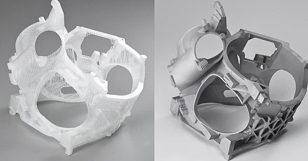 Transparent 3D-printed prototype of a complex mechanical housing (left) showing internal support structures, compared with the finished opaque part after support removal (right), highlighting intricate geometry and internal cavities.