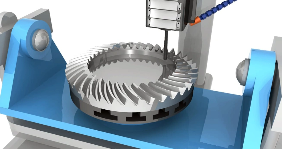 A diagram showing a metal disc with smooth concentric curves being profile milled by a 5-axis CNC machine