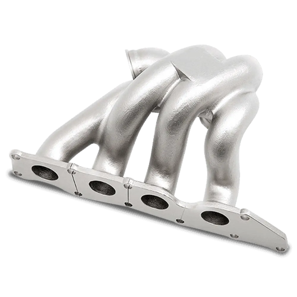 A bright white metallic exhaust manifold featuring four smooth curved pipes