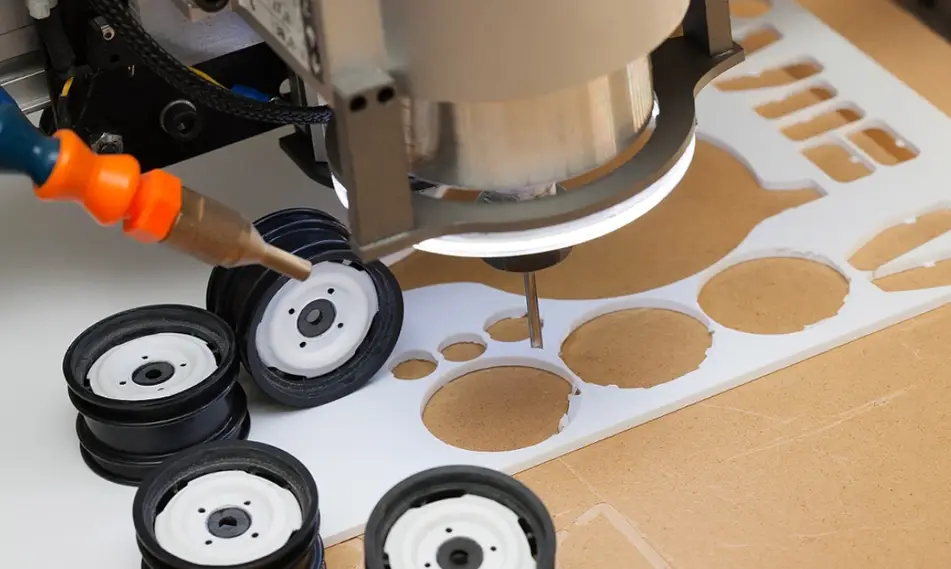 CNC router cutting circular holes in white ABS plastic sheet with finished machined parts nearby