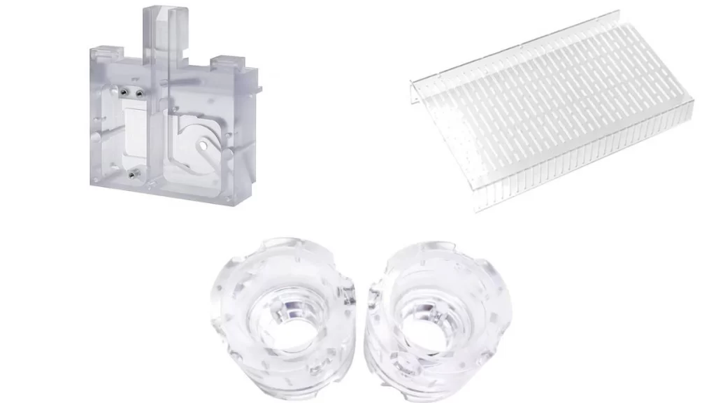 Close-up of highly detailed acrylic machined parts. These show precision and excellent craftsmanship