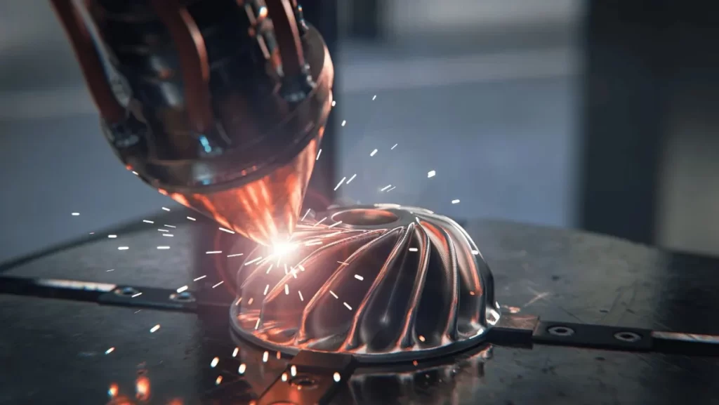 Laser-based additive manufacturing creating a metal part.