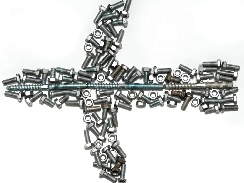 A collection of aerospace fasteners arranged in a layout that resembles the shape of an aircraft.