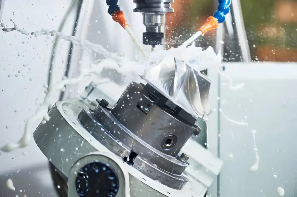 A clear view of a CNC machine working on an aircraft part. The image shows the cutting tool shaping the metal component with precision.