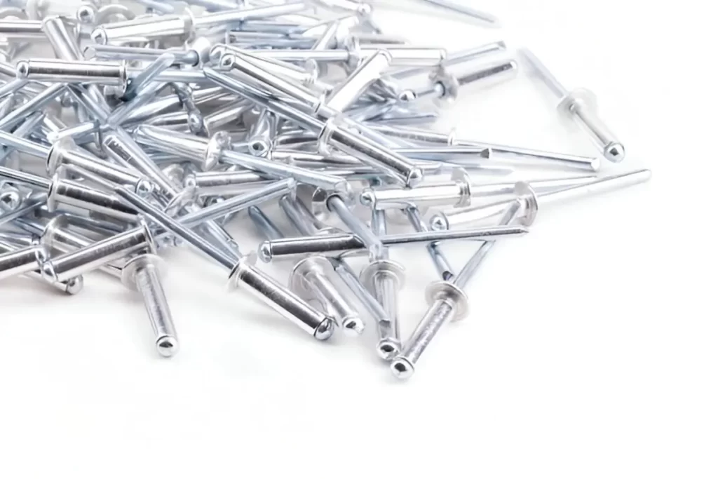 A close-up view of aircraft rivets displayed on a plain background.