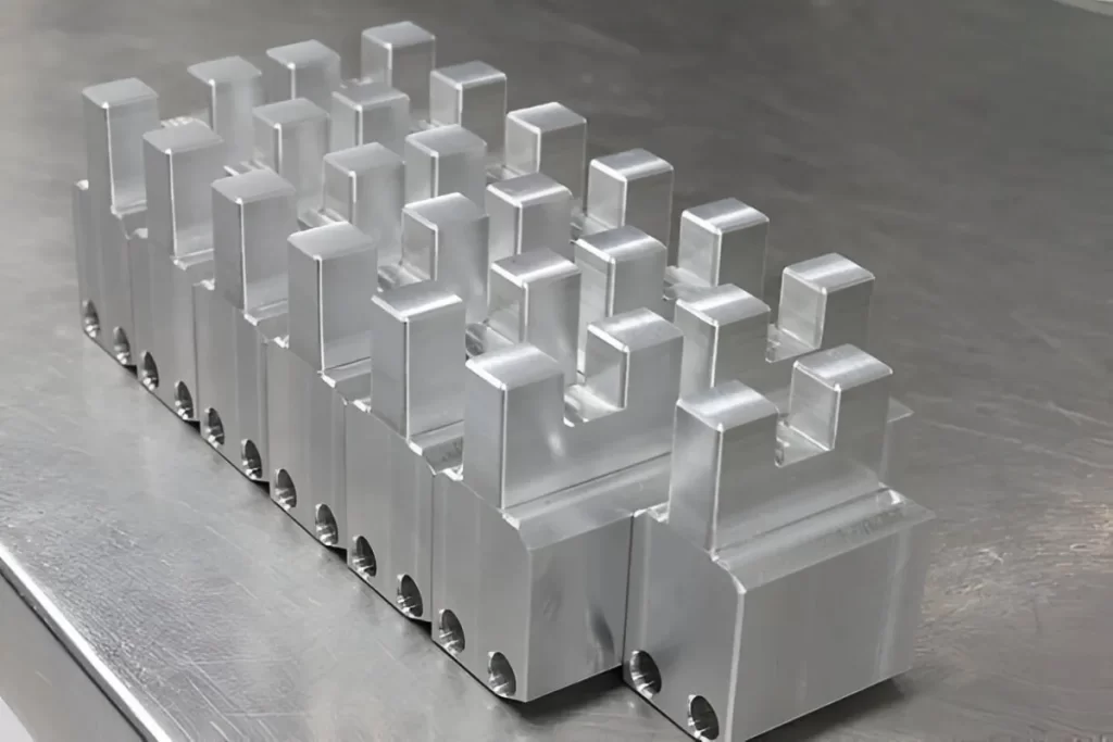 An image showing multiple machined parts made from Aluminum 2024. The parts have a clean, metallic finish with sharp edges and precise features.