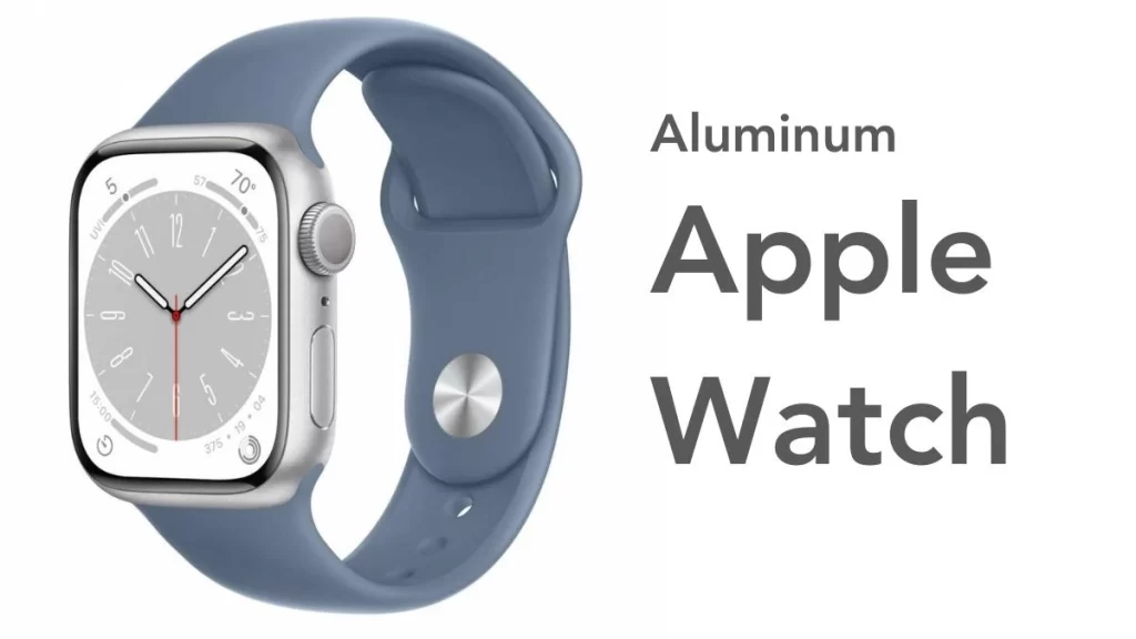 An aluminum Apple Watch featuring a simple design with a blue strap and a sleek, minimalist watch face.
