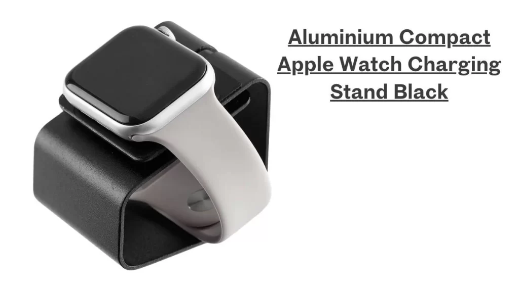 A compact black aluminum stand designed to hold an Apple Watch.