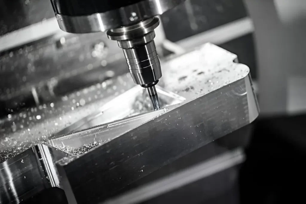 Aluminum CNC milling operation in progress, tool cutting into metal surface.