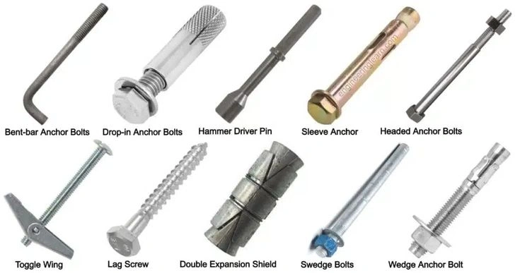 Different types of anchor bolts in a single image