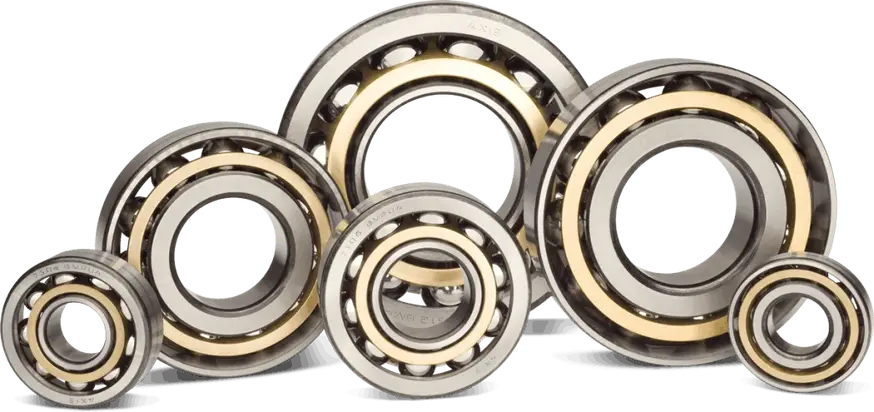 Collection of angular contact ball bearings in various sizes showing brass-colored cages and steel rings
