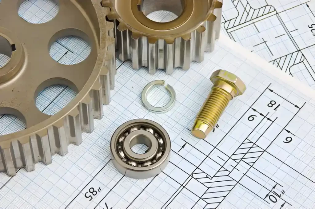 Machined bearings, fasteners, and gears displayed together, showcasing complex CNC machining.