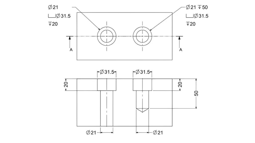 A technical drawing showing top and side views of a block with two holes, one a through-hole and the other a blind hole, with dimensions.