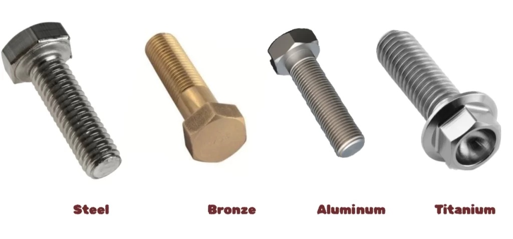 Four different bolts each of different material written below