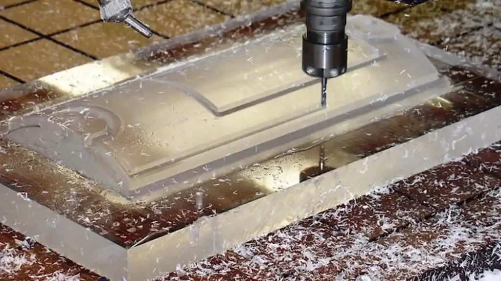 A close-up of a machine polishing a clear plastic piece