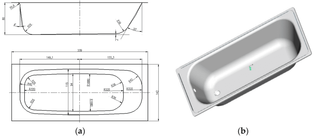 a) 2D drawing of a basin. b) CAD Design for deep-drawing