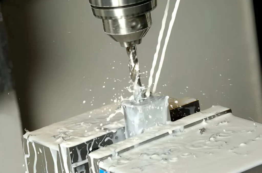 A metal part is being CNC drilled while coolant oil continuously sprays over the drill bit.