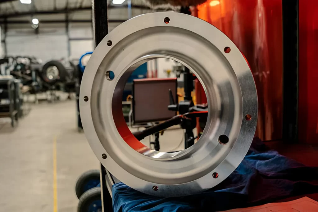 Close-up of a CNC-machined flanged metal ring.