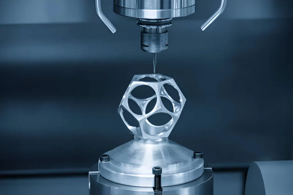A CNC machine shaping a metal prototype.