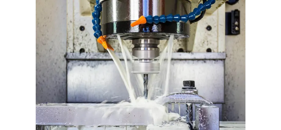 Blue pipes with white coolant flooding on a metal part being CNC drilled