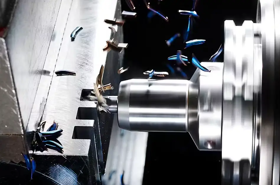 Closeup image of a CNC end milling process in progress as chips fly off a metal part