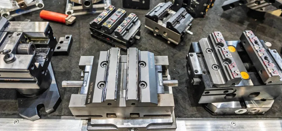 Fixtures, clamps and jigs in one photo for CNC milling machines