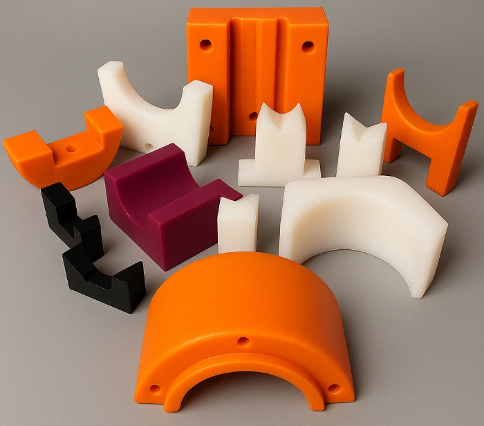 Assortment of precision-machined UHMW polymer components in various colors, including white, orange, black, and magenta