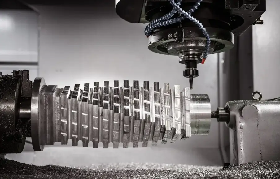 CNC milling complex cylindrical metal component with precision tooling