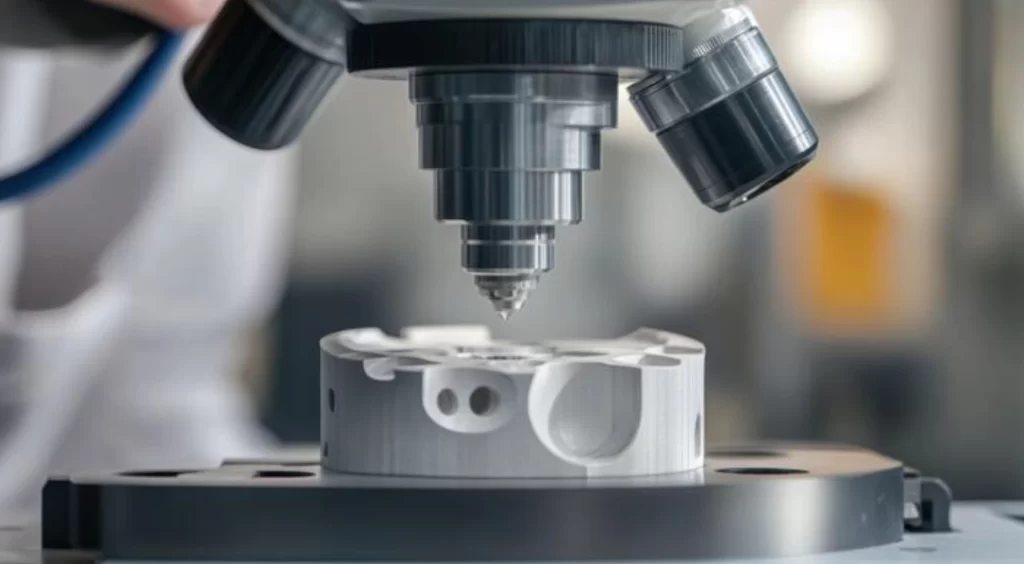 CNC milling spindle precisely cutting white ceramic workpiece with complex holes and cavities on a rotary table