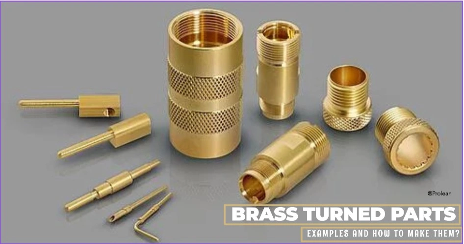 Different turned brass parts with text at the front