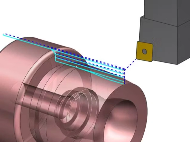 3D CAD model showing CNC turning toolpath simulation with cutting tool and cylindrical workpiece.