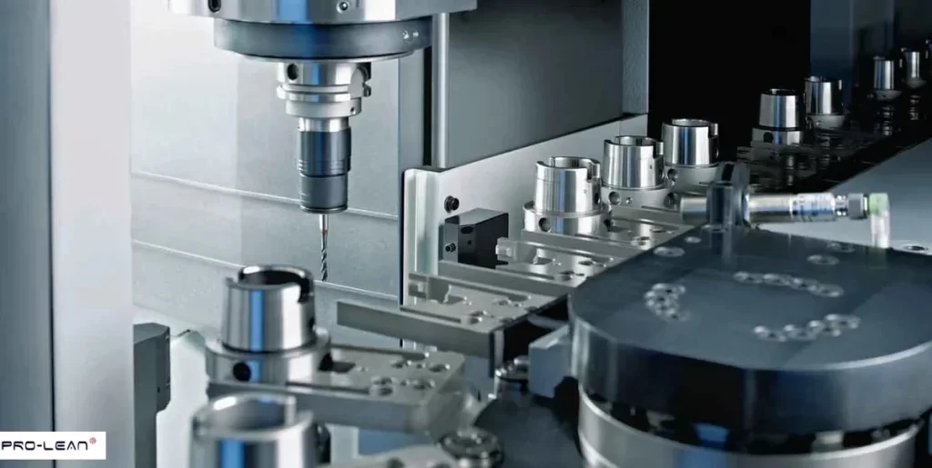 CNC machine drilling metal flange with high accuracy.