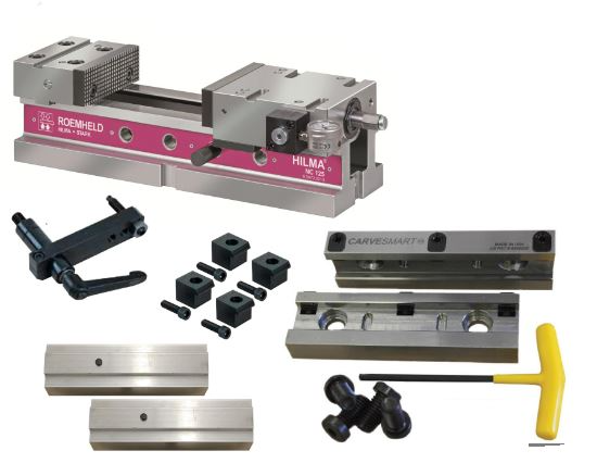 A set of CNC vise (tiger clamp) with its accessories, showcasing precision tools for machining operations.