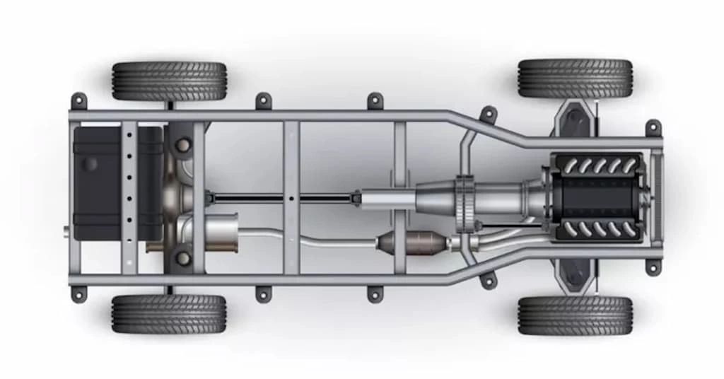 An image showing a top view of a car frame and its parts, with tyres on the wheel.