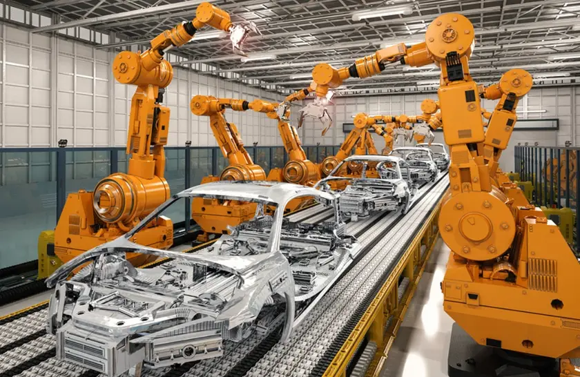 Several sections of cars in a production line with several yellow gigantic robots