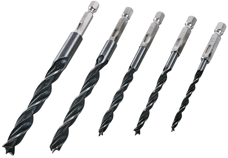 Set of five steel drill bits in graduated sizes with hexagonal shanks and spiral flutes
