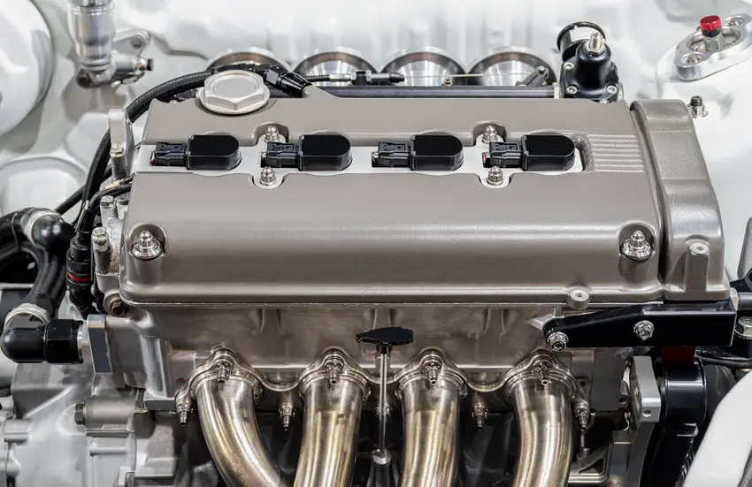 A shiny silvery car engine showing a top cover and four tubes running from inside