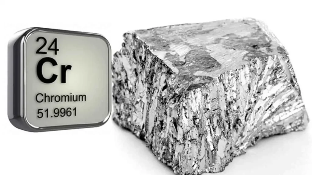 The image shows chromium metal in its raw form, with its atomic number 24 and atomic weight 52.00 clearly labeled.
