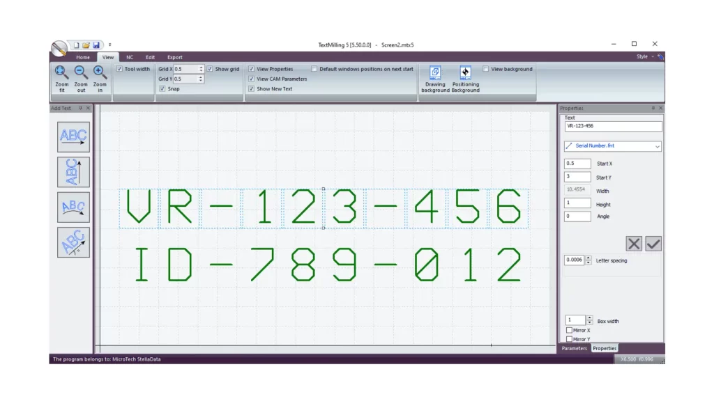 Screenshot of SprutCAM showing readable font options for CNC text milling.
