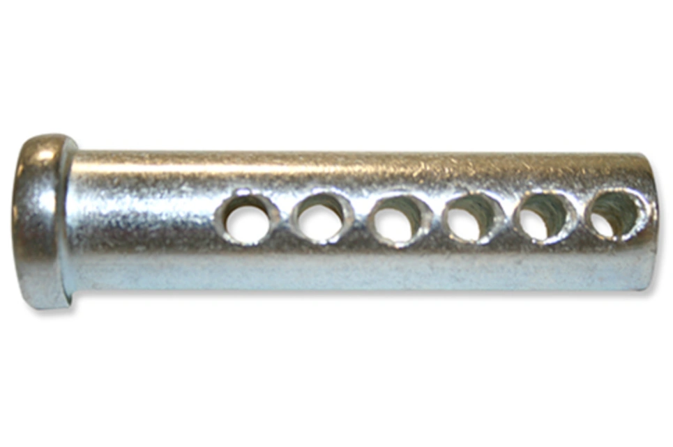 An image of a clevis pin showing a smooth head and six cross-holes on the shaft