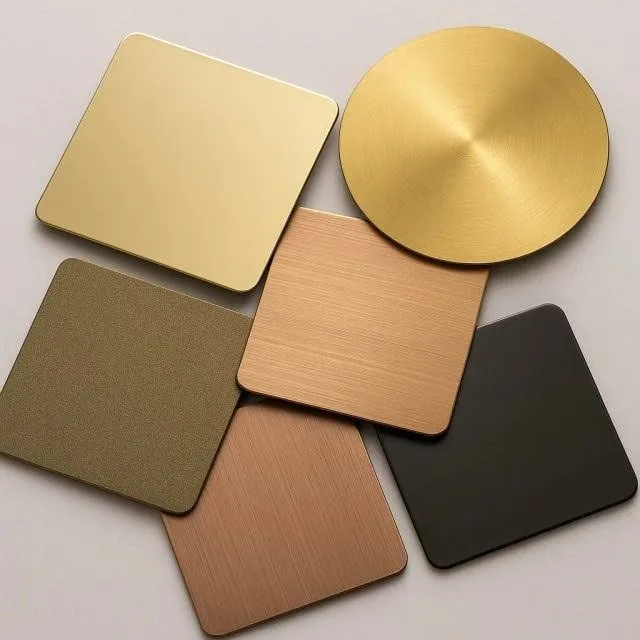 The image shows stainless steel surfaces with PVD coatings in multiple color shades.