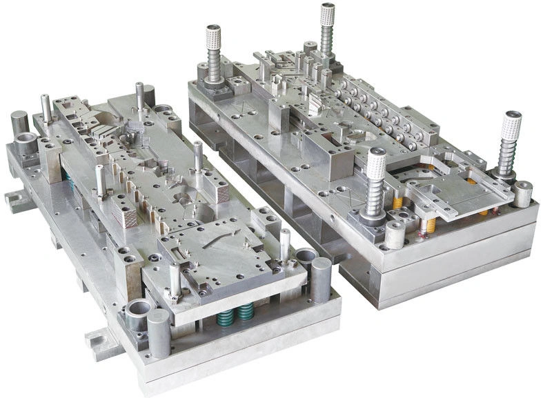 A close up view showing two halves of sheet metal stamping die