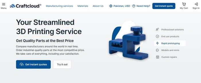 Screenshot of CraftCloud 3D printing service page. It displays their capabilities, such as repairs, end-to-end user solutions, and rapid prototyping.