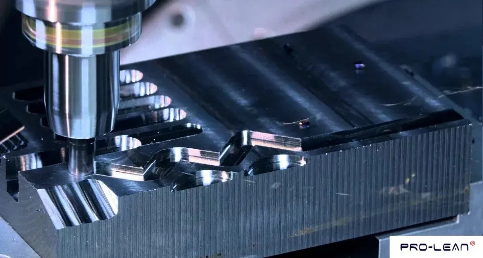 CNC machine precisely milling complex countersunk holes in a metal workpiece.