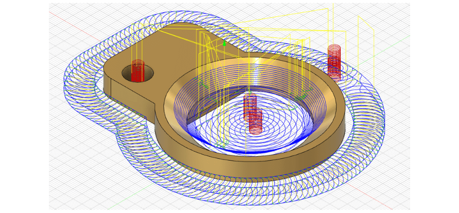mesh around a metal part showing the cutting toolpath of a mill cutter generated in Fusion