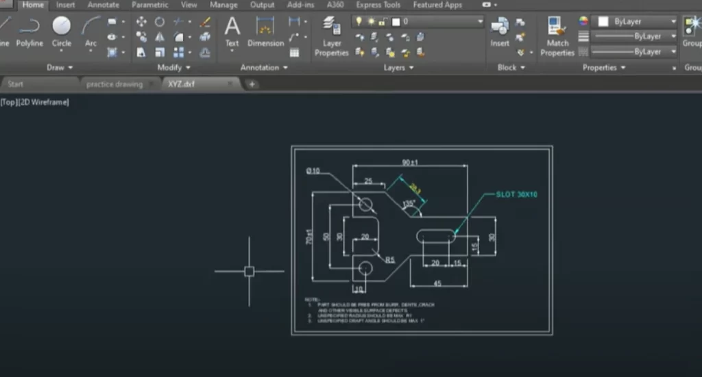 An image of a dimensioned part on a DXF file format