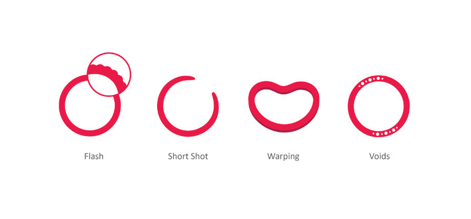 Four red round plastic rings with defects and cuts