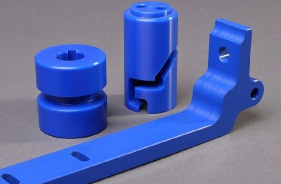Blue Delrin machined components showing precision parts including bushings, couplings, and mounting brackets