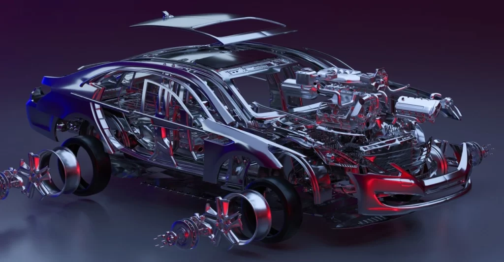 An close of view of small die-cast model car body and other components made with casting, showing their assembly direction.